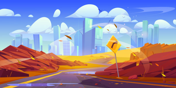 秋天的城市景观有弯道、转弯标志图片下载