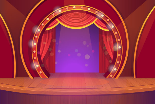 舞台，舞台:有红色拉开帷幕的剧院舞台矢量模板插图图片下载
