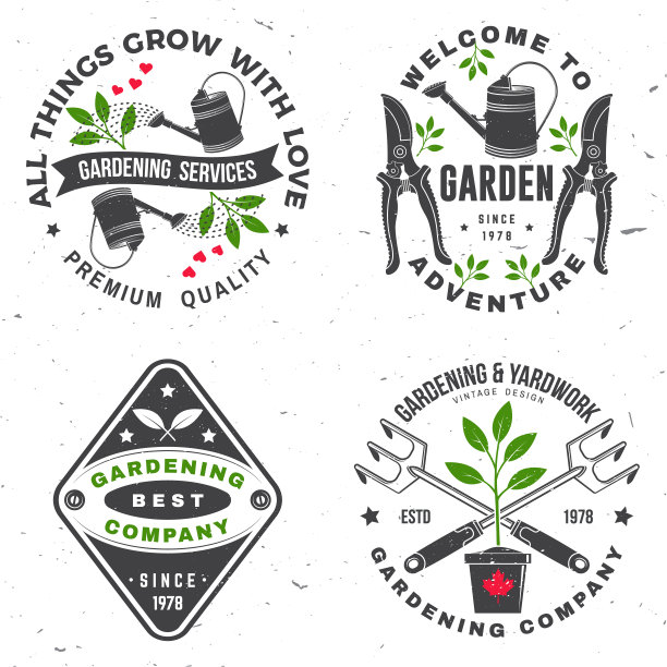 一套园艺和庭院工作服务徽章，标签，徽章，标志。矢量插图。为招牌、贴片、衬衫设计用手剪、园林修剪器、喷壶、园艺设备剪影。图片下载