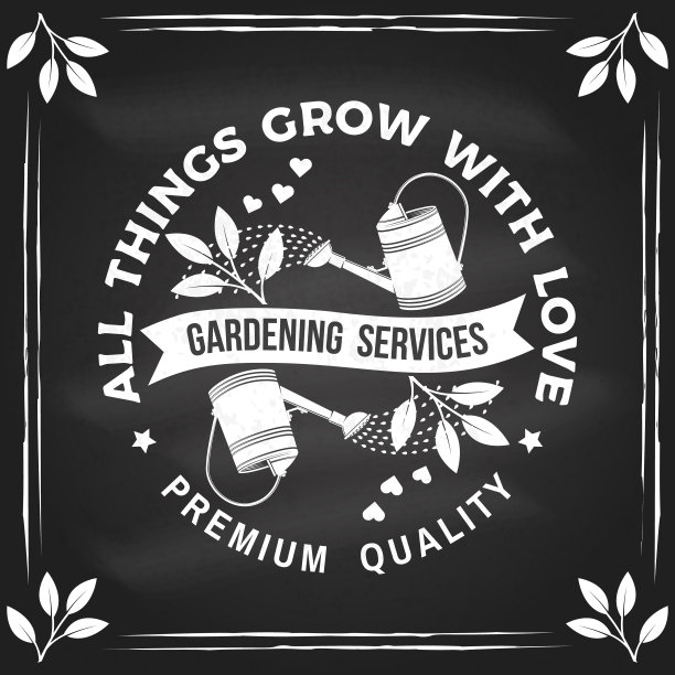 万物生长与爱园艺徽章，标签，徽章，标志在黑板上。矢量插图。为标识、贴片、衬衫设计用苗木从喷壶浇灌的园艺设备剪影。图片下载