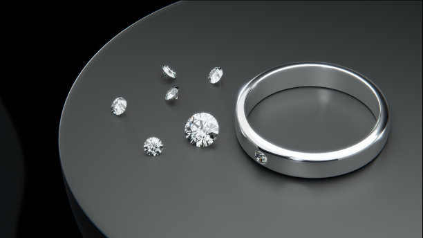 黑色背景反射出不同大小钻石的白金钻戒的俯视图。3D渲染设计图片下载