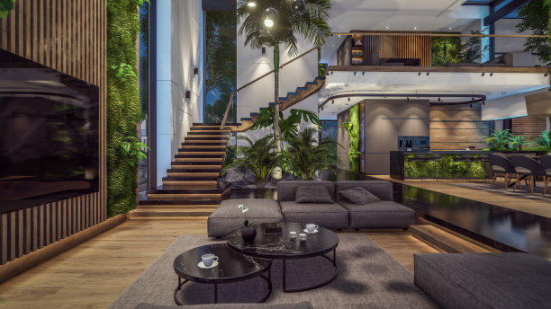 3d渲染昂贵舒适的室内与绿色的墙壁在晚上图片下载