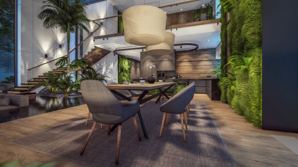 3d渲染昂贵舒适的室内与绿色的墙壁在晚上图片下载