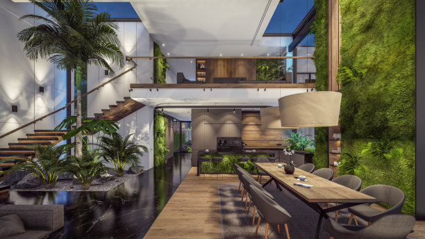 3d渲染昂贵舒适的室内与绿色的墙壁在晚上图片下载