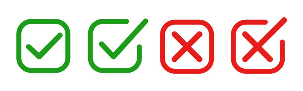 设置绿色批准复选标记和红色十字图标，检查表标志，平面复选标记批准正确的徽章，孤立的tick符号-库存矢量图片下载