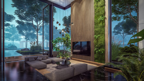 3d渲染昂贵舒适的室内与绿色的墙壁在晚上图片下载