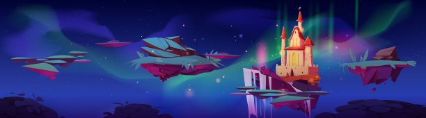 有城堡、瀑布和极光的浮动岛屿图片下载