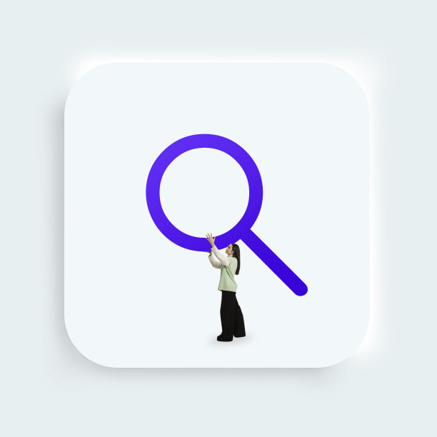 当代艺术拼贴。网页、电脑和移动应用的放大镜图标或按钮。一位女商人紧握着搜索工具。用户界面操作。图片下载