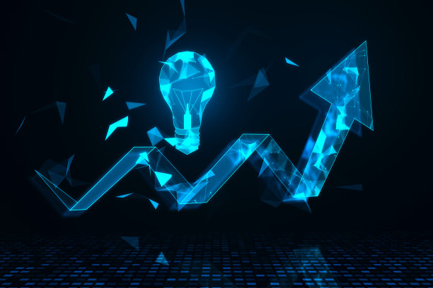创业理念的正面视图上的数字亮蓝色灯泡以上成长箭头在黑暗的背景。三维渲染图片下载