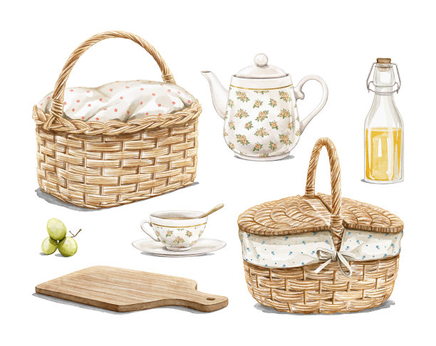 水彩画野餐物品和茶具图片下载