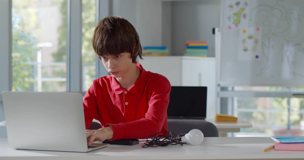 十几岁的男孩在学校工作室用灯泡和笔记本电脑工作图片下载