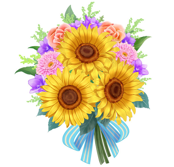 一束向日葵、玫瑰和非洲菊图片下载