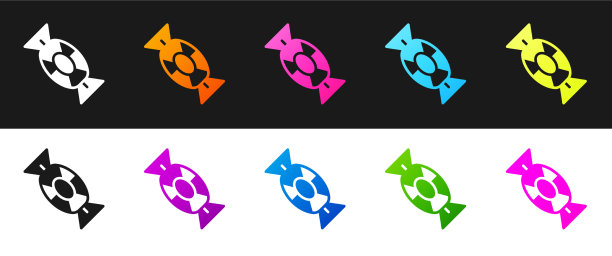 设置糖果图标孤立的黑色和白色图片下载