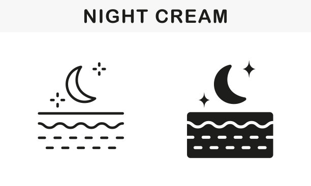洁面晚霜，保湿，抗衰老。乳霜身体或面部护肤线和轮廓黑色图标集。化妆品标志。孤立矢量图图片下载