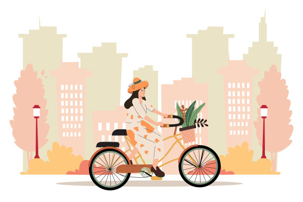 年轻的现代女性挎着篮子骑自行车。快乐的骑自行车的人在大自然中带着杂货网袋。图片下载