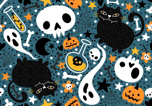 万圣节无缝猫图案用于织物和纺织品及包装图片下载