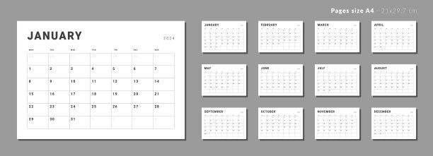 一套每月页面日历计划模板2024。矢量布局的墙或书桌简单的日历与周开始星期一。日历网格在黑色印刷。页码为A4或21x29.7公分图片下载
