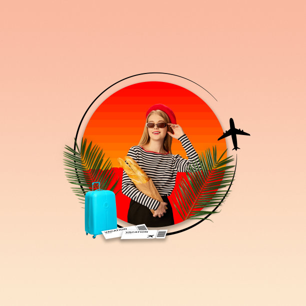 漂亮的年轻女孩穿着时髦的衣服，拿着长棍面包去欧洲度假。巴黎的风格。当代艺术拼贴。图片下载