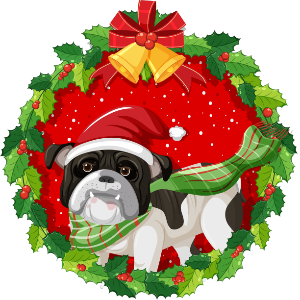 卡通斗牛犬在圣诞花环孤立图片下载