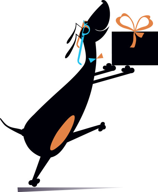 卡通狗拿着一个带丝带的礼物盒图片下载