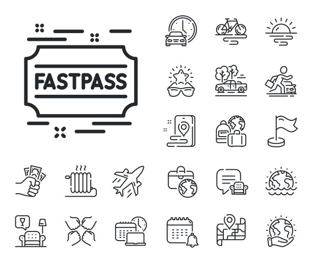 快速通道线路图标。游乐园票牌。飞机、旅行地图和行李领取处。向量图片下载