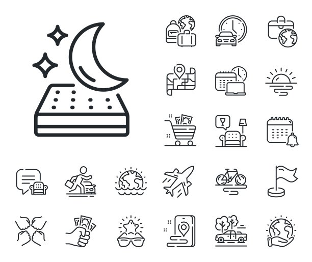 床垫线图标。晚上睡床休息的标志。飞机、旅行地图和行李领取处。向量图片下载