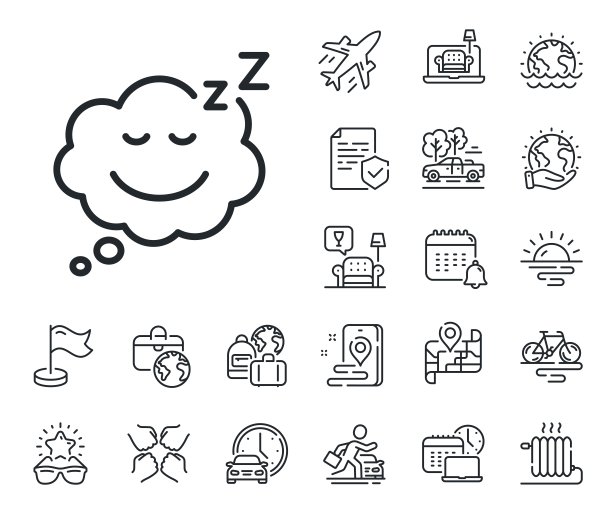 睡眠线图标。夜间休息标志。飞机、旅行地图和行李领取处。向量图片下载