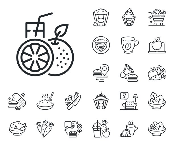 橙汁线图标。新鲜饮料的标志。可丽饼、甜爆米花和沙拉。向量图片下载