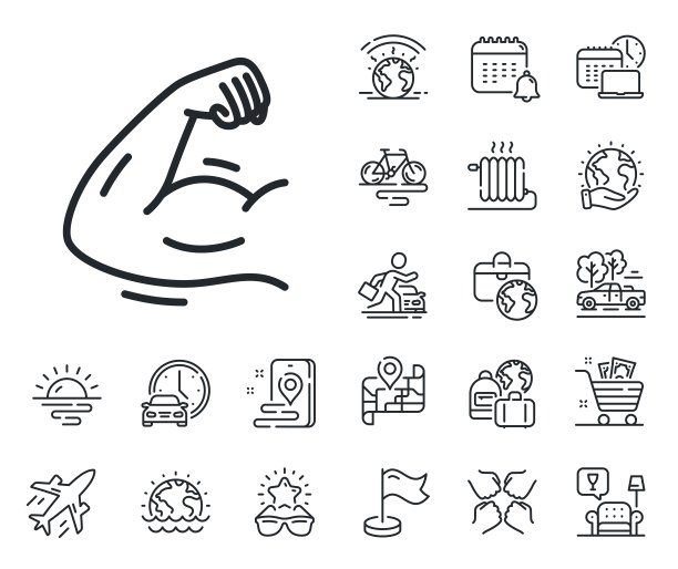 强力臂线图标。肌肉力量的标志。飞机、旅行地图和行李领取处。向量图片下载