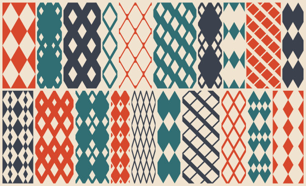 菱形无缝几何矢量图案集，菱形简单黑白壁纸背景，民族民间刺绣或地毯风格图像集。图片下载