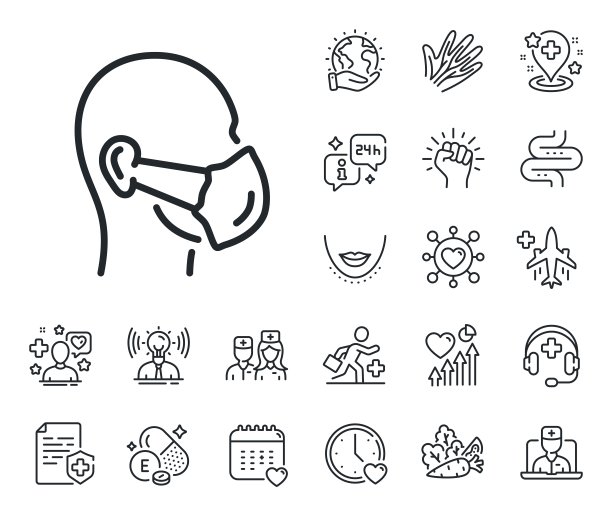 医用口罩线图标。安全呼吸呼吸口罩标志。网上医生，病人和药品。向量图片下载