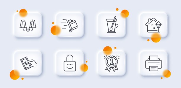 打印机，锁和点灯线图标包。用于web应用程序。3d玻璃按钮。向量图片下载