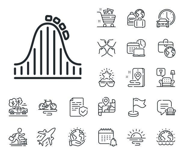 过山车线图标。游乐园的标志。飞机、旅行地图和行李领取处。向量图片下载