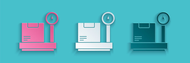 纸切割规模与纸板盒图标孤立在蓝色背景。物流和交付。快递包裹的重量。纸艺术风格。矢量图图片下载