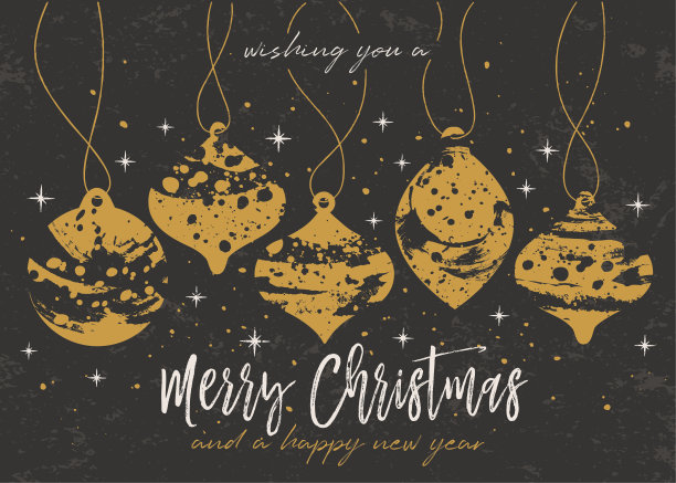 圣诞饰品飞溅纹理贺卡-黑色背景-金色和白色图片下载