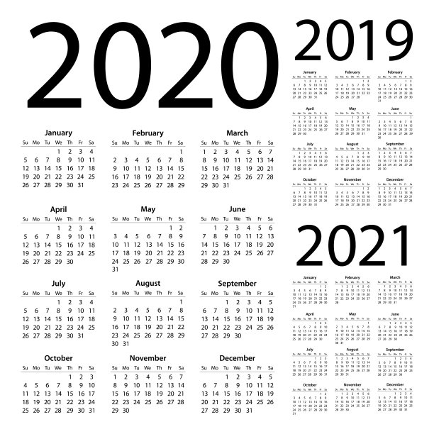 日历2020 2019 2021简单-美国英语国际版本。工作日从星期一开始图片下载