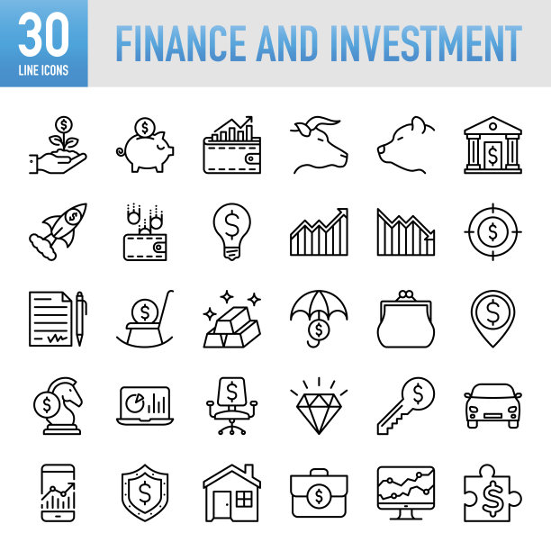 金融和投资图标集合-细线矢量图标集。像素完美。移动和网络。该套图标包括:金融，储蓄资金，银行，银行，资本，金融控制，资金管理，投资图片下载