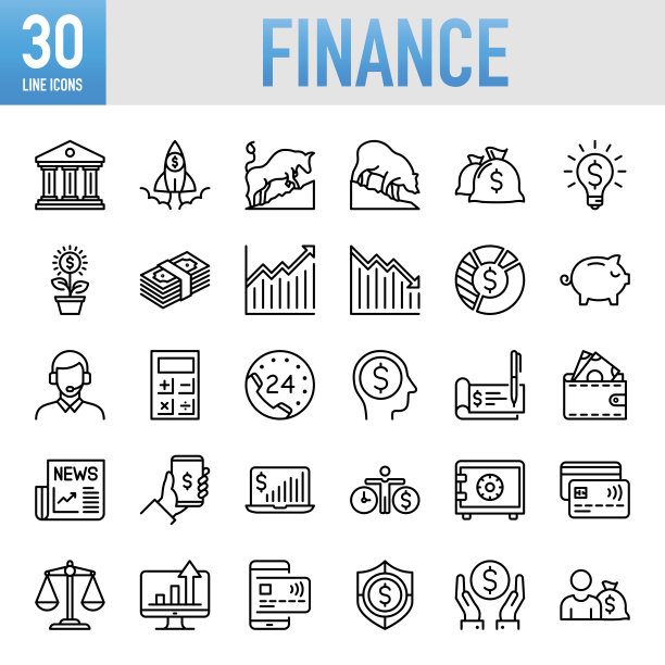 财务图标集合-细线矢量图标集。像素完美。移动和网络。该套图标包括:金融，储蓄资金，银行，银行，资本，金融控制，资金管理，投资图片下载