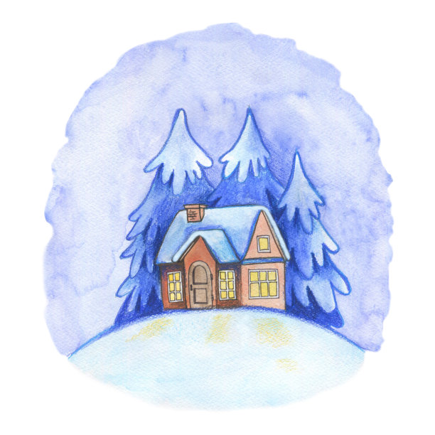 新年水彩画卡。白雪覆盖的房子和冬天的森林。树中的房子图片下载