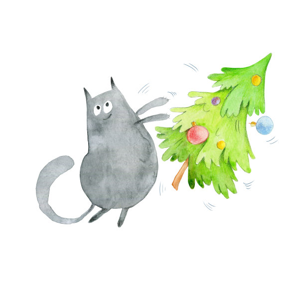 水彩绘画。有趣的黑猫把圣诞树掉了图片下载