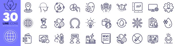 面部扫描，全球业务和困难的应力线图标包。用于web应用程序。矢量图片下载