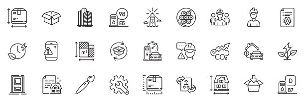 Co2、打开的盒子和摩天大楼建筑线条图标合集，用于Web应用程序，矢量图片下载