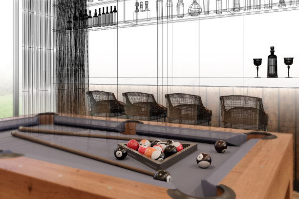 桌球台与柜台酒吧在放松室，三维渲染线框图片下载