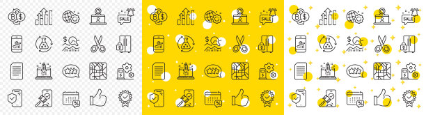 概述化学实验，智能手机统计和电话保险线图标。用于web应用程序。矢量图片下载