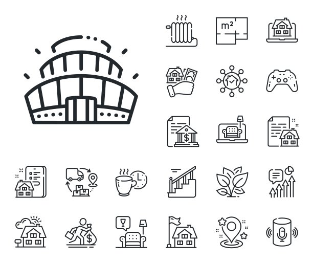 竞技场体育场线图标。竞赛大楼标志。运动复杂。平面图、楼梯和休息室。向量图片下载
