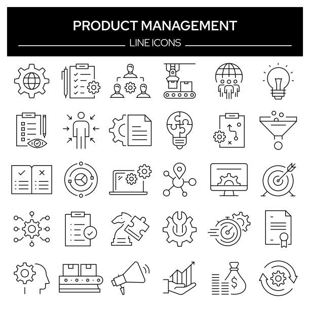 一组产品管理相关的线路图标。轮廓符号集合，可编辑的描边图片下载