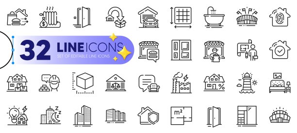 轮廓集包装大小，门和摩天大楼的线条图标。用于web应用程序。矢量图片下载