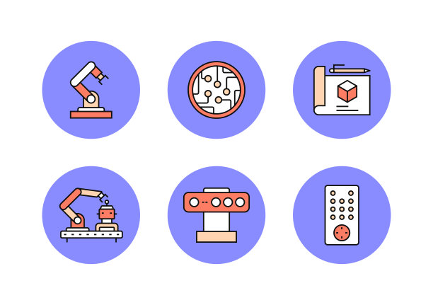机器人工程相关扁平线条图标，轮廓矢量符号插图图片下载