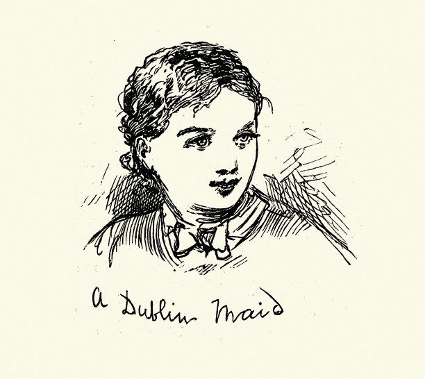 经典插画，都柏林女仆，爱尔兰都柏林的爱尔兰人物草图，1881年，维多利亚19世纪图片下载
