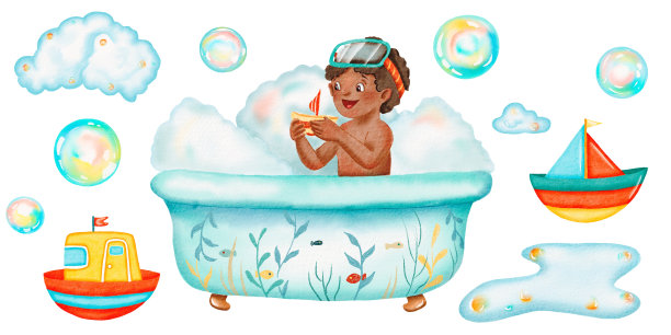水彩。一个皮肤黝黑的男孩坐在蓝色的泡泡浴盆里，到处是肥皂泡和水坑。一个孩子在玩玩具船。浴缸里有很多肥皂泡沫。孤立的水彩插图。图片下载